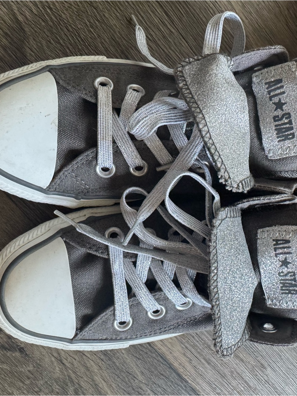 Converse Gray Canvas High-Top Sneakers with Silver Sparkle Bow